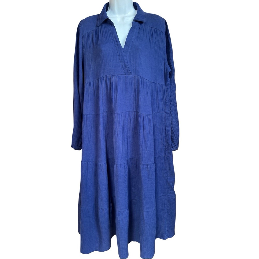 NEW Umgee Dress Womens Med Navy Blue Long Sleeve Tiered Midi Cotton Gauze